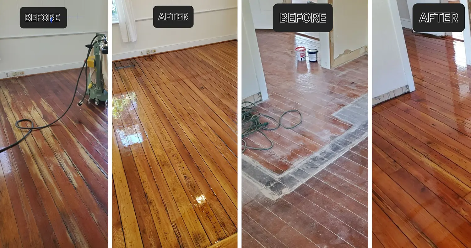 Before and after image of damaged floor before restoration from Randy Stewart Hardwood Flooring