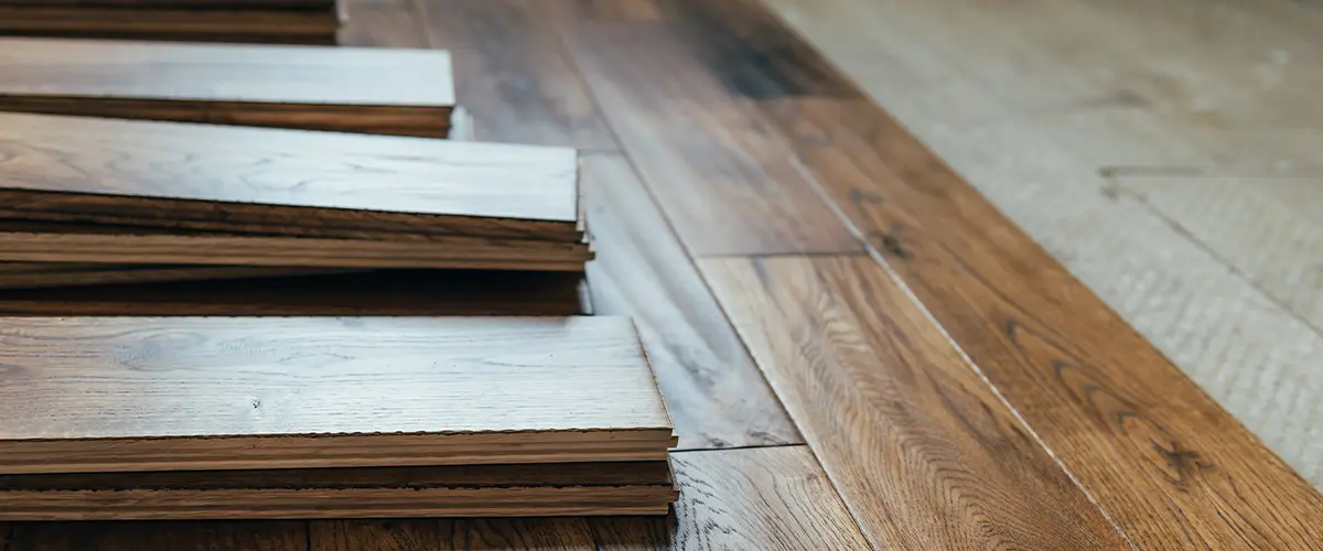 Engineered hardwood floors being installed