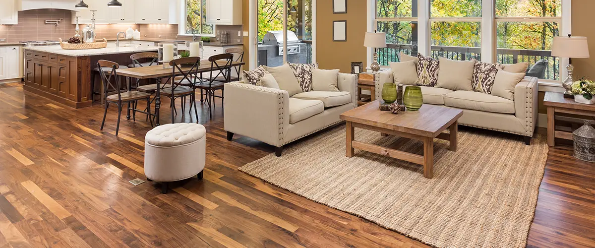 Open space kitchen with wood floors