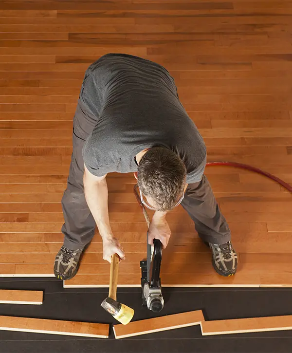 Flooring professional installing hardwood flooring